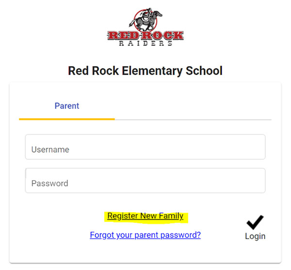 Screenshot of login page highlighting the text Register New Family