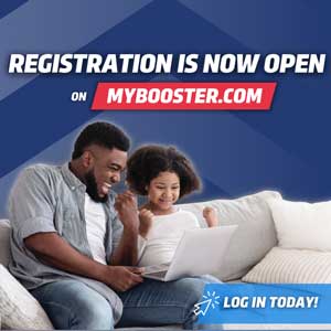 Registration is now open on mybooster.com Log in today with parent and child looking excitedly at laptop